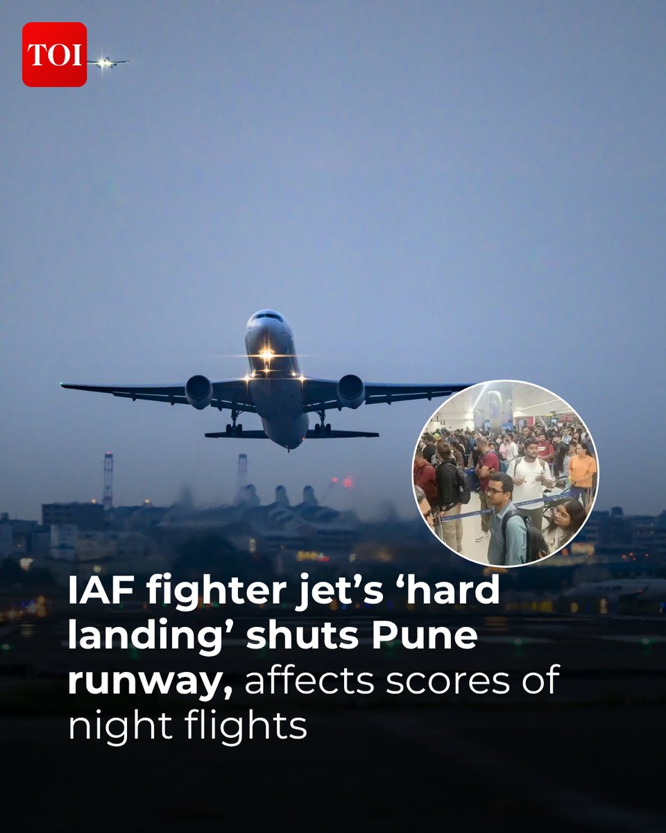timesofindia's tweet image. #Flight operations at the city #airport came to a grinding halt around 11pm on Friday, after its runway was closed for landings and take-offs following an incident involving an #IndianAirForce (#IAF) #aircraft.

More details 🔗toi.in/YUpK9b
#Pune #Maharashtra