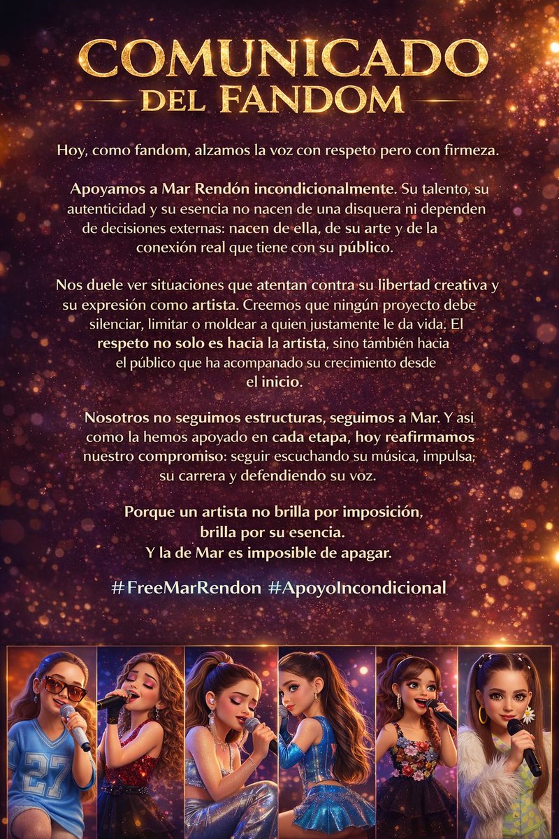 Hoy alzamos la voz por Mar Rendon.

Su arte es suyo, su esencia no se negocia.  
Nosotros no seguimos estructuras… seguimos a Mar.

#FreeMarRendon #ApoyoIncondicional
— Marciana Americana 🌙