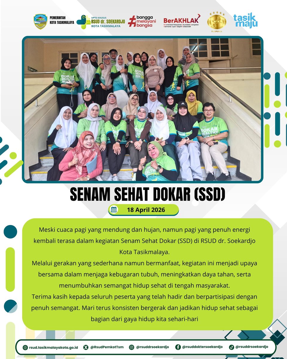 RsudPemkotTsm's tweet image. SSD edisi 18 April 2026 kembali digelar dengan penuh semangat 💪🌞
Yuk terus aktif bergerak dan jaga kebugaran bersama!

#SSD #RSUDdrSoekardjo #TasikSehat #HidupSehat