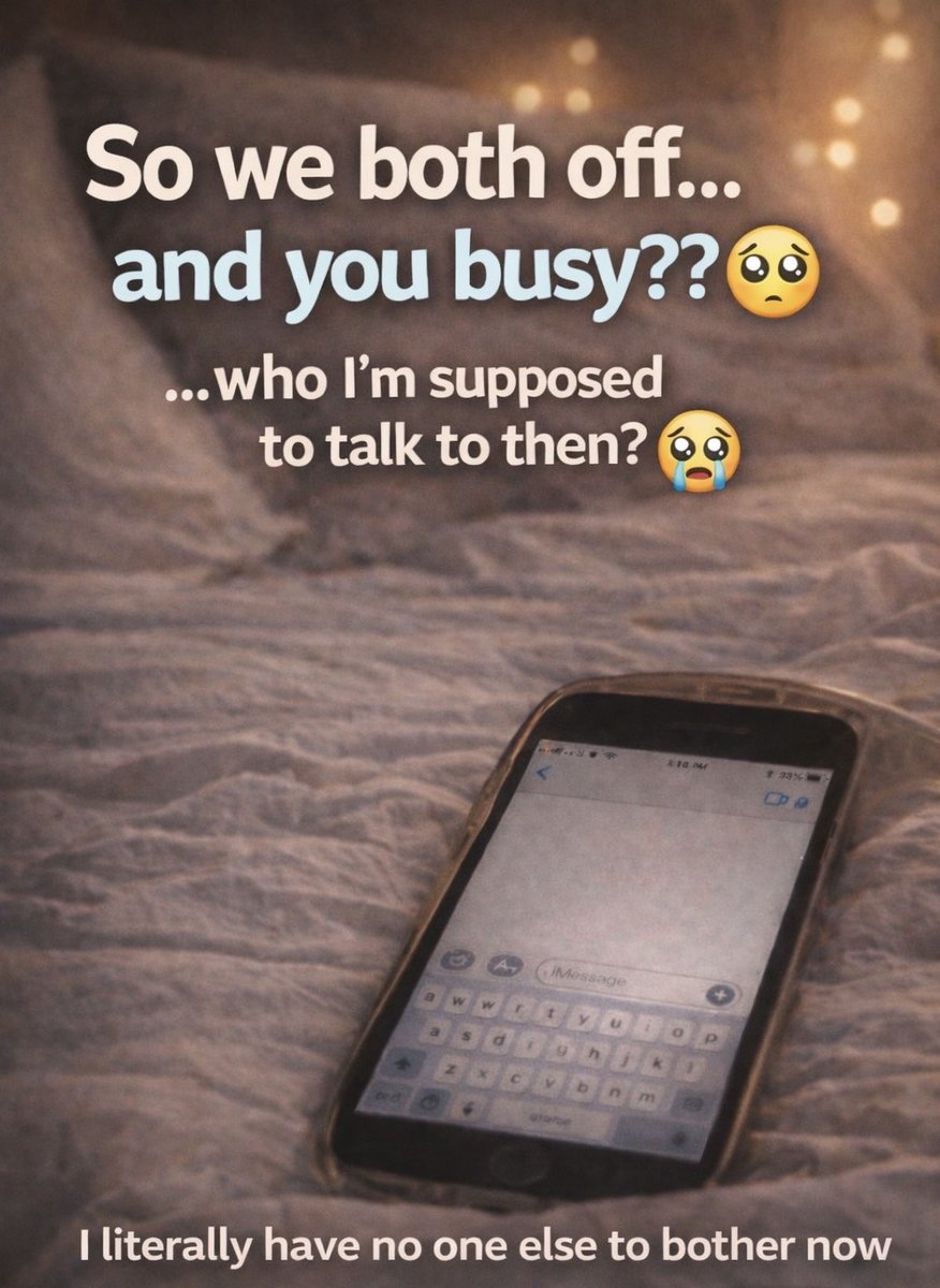 Crystalzone101's tweet photo. So we both off…
and you busy?? 🥺

…who I’m supposed to talk to then? 😭
 #RelatablePost #TextMeBack #LateNightThoughts #ComeTalkToMe #FunnyRelatable #ViralContent https://t.co/U8lq299OEB