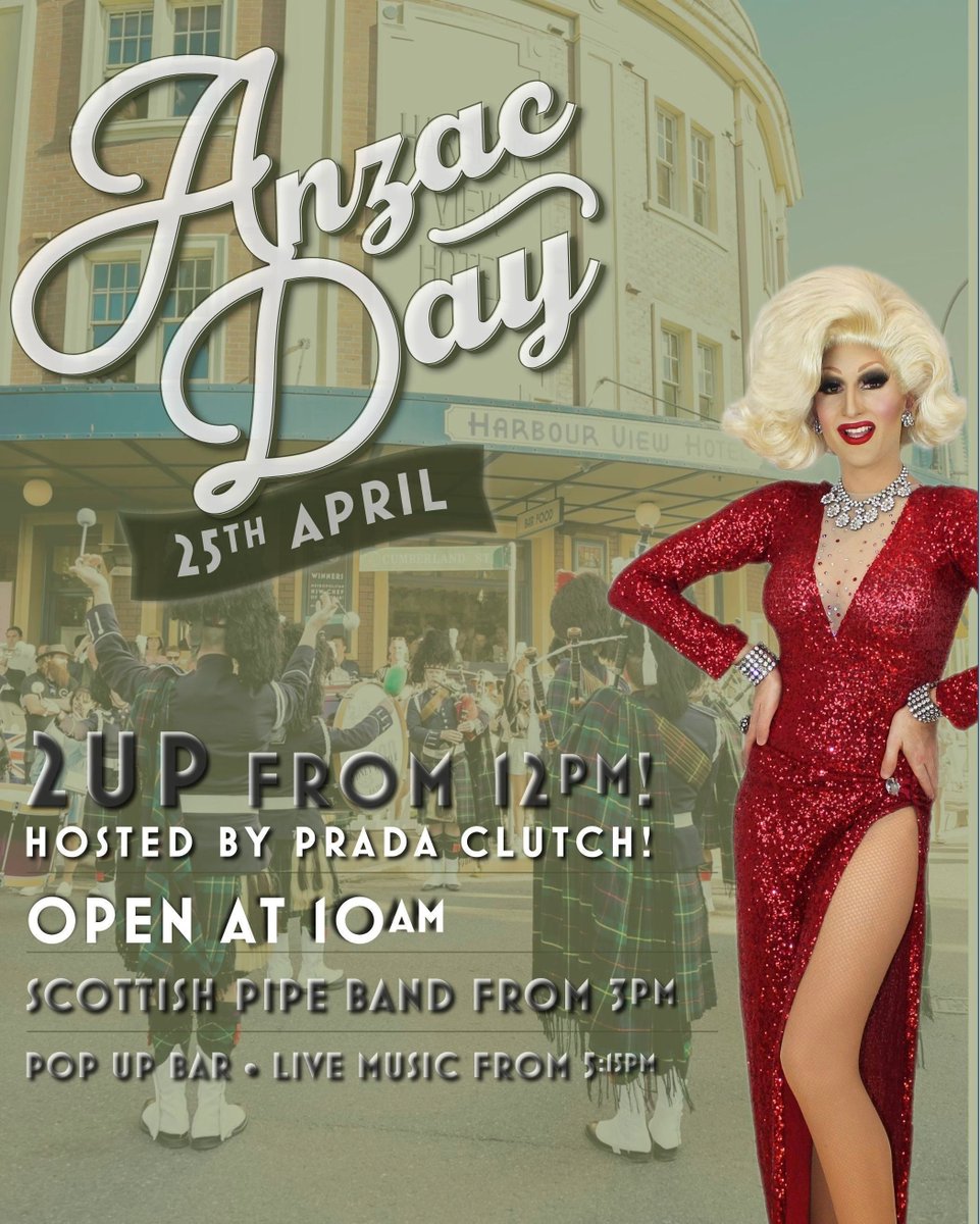 Join us for 2Up this ANZAC Day this Saturday  April 25 @theharbourviewhoteltherocks hosted by @misspradaclutch! 🇦🇺🇳🇿🪙

Plus, Scottish pipe band 🏴󠁧󠁢󠁳󠁣󠁴󠁿 pop-up bar 🍻 &amp; live music 🪩

#sydneydragqueen #therockssydney #whatsontherocks #sydney #anzacday #lestweforget