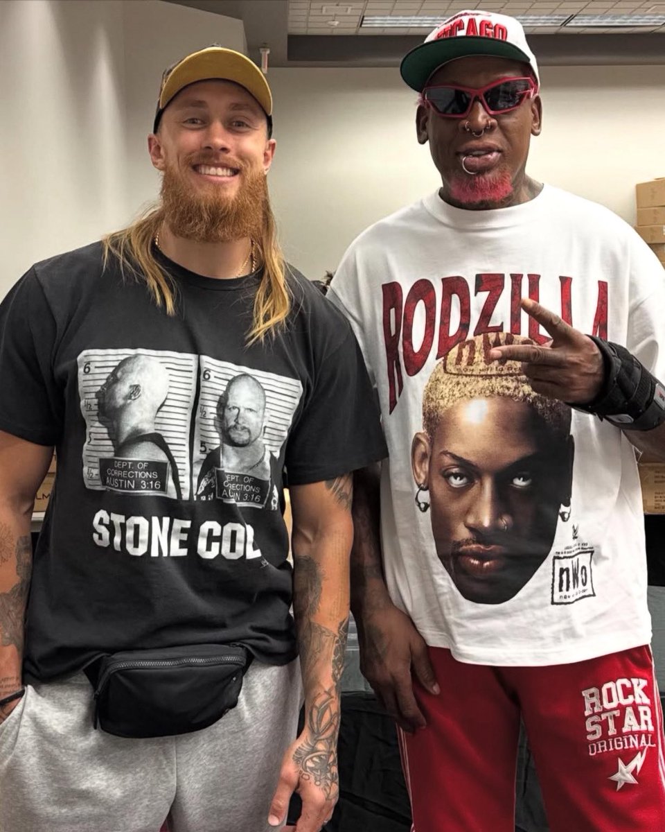 OurSf49ers's tweet image. #49ers George Kittle met up with NBA legend Dennis Rodman ahead of Wrestlemania 🔥