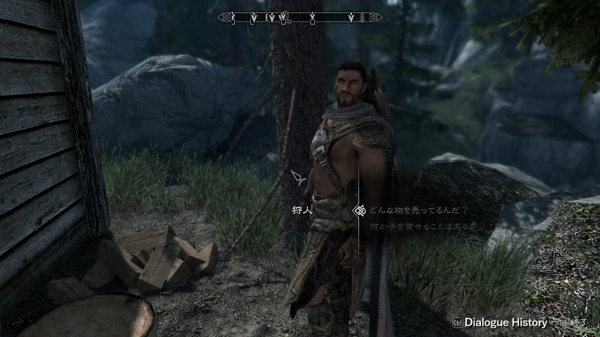 ①家に帰る途中で日が暮れてしまったので近くの狩人さんのキャンプにお邪魔するドヴァキンズ
②次の日の朝　狩人さんの姿が見えない…やっちゃったか…
③薪を切る音が聞こえたと思ったら生きてた（よかった）