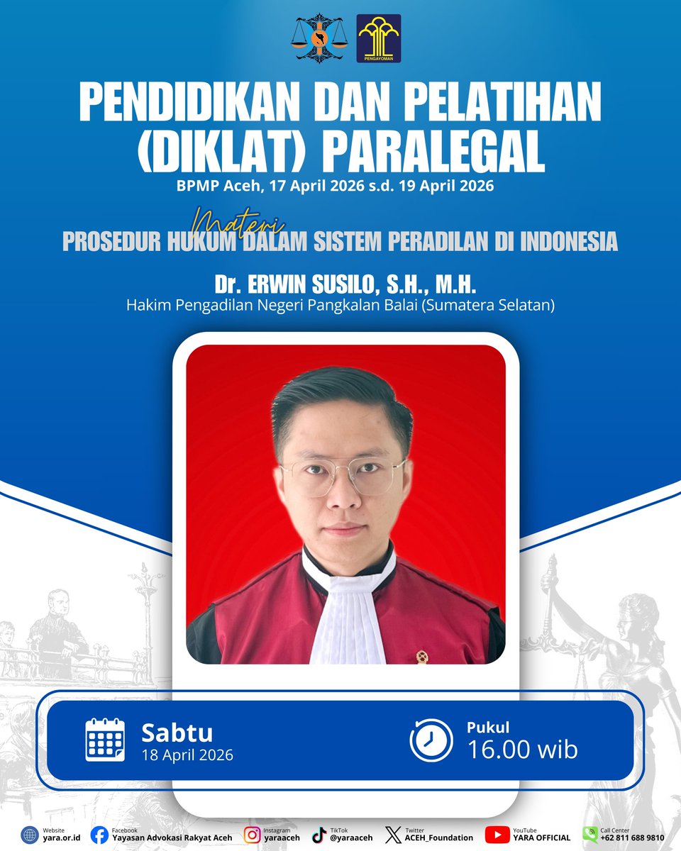Pendidikan dan Pelatihan (Diklat) Paralegal Yayasan Advokasi Rakyat Aceh (YARA).

Hari kedua, 18 April 2026.
Ruang Kelas Gedung BPMP Aceh.