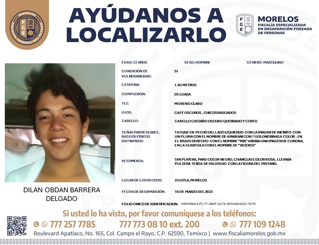 7dtv's tweet image. @Fiscalia_Mor solicita su colaboración para localizar a #Dilan #Obdan Barrera Delgado, de 22 años de edad.

• Desapareció en #Jojutla desde 2023