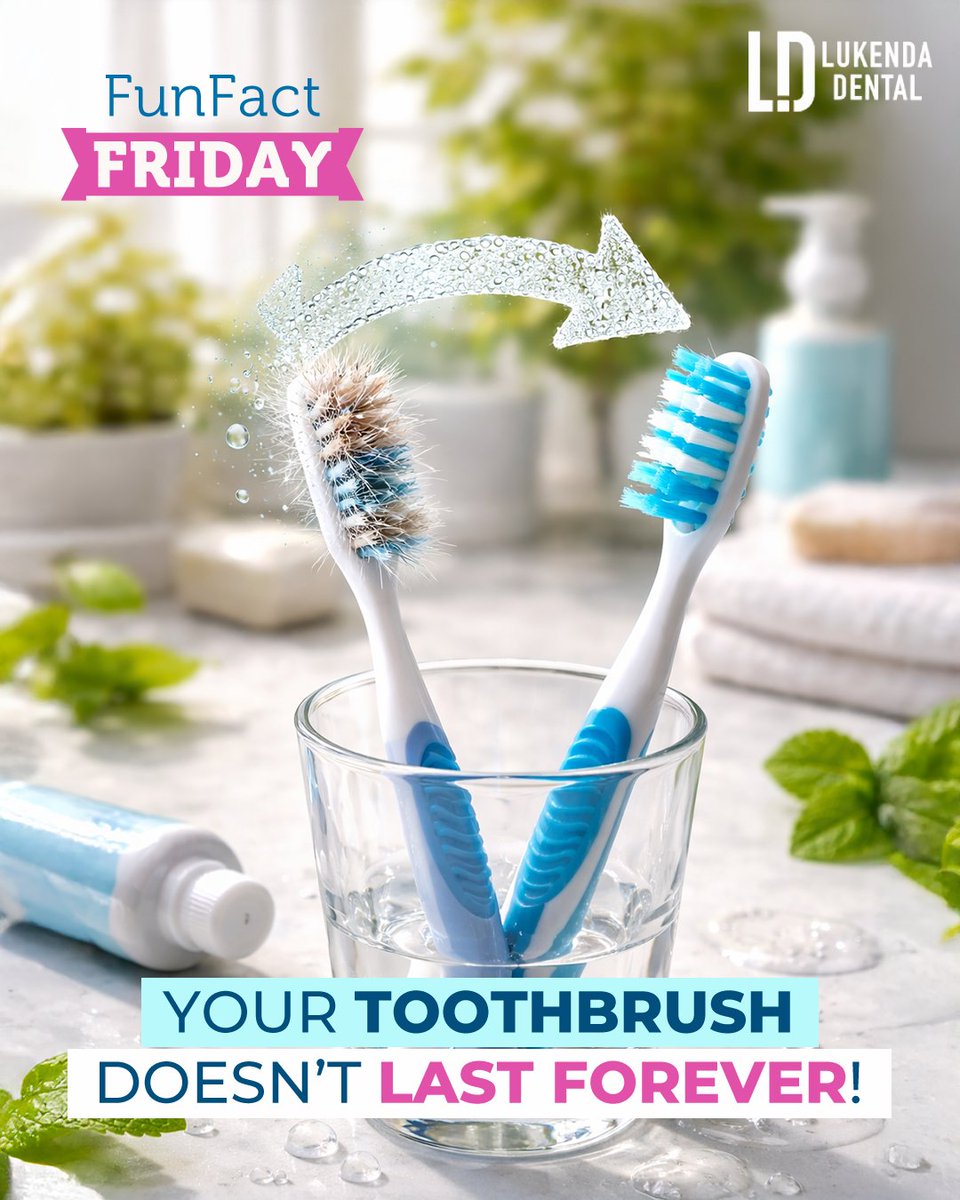 DentalLukenda's tweet image. 🦷✨ Fun Fact Friday! ✨🪥

Your toothbrush should be replaced every 3–4 months — or sooner if the bristles are frayed. 🪥 Worn bristles don’t clean effectively and can leave plaque behind.

Fresh brush = healthier smile! 😁

#FunFactFriday #OralHealth