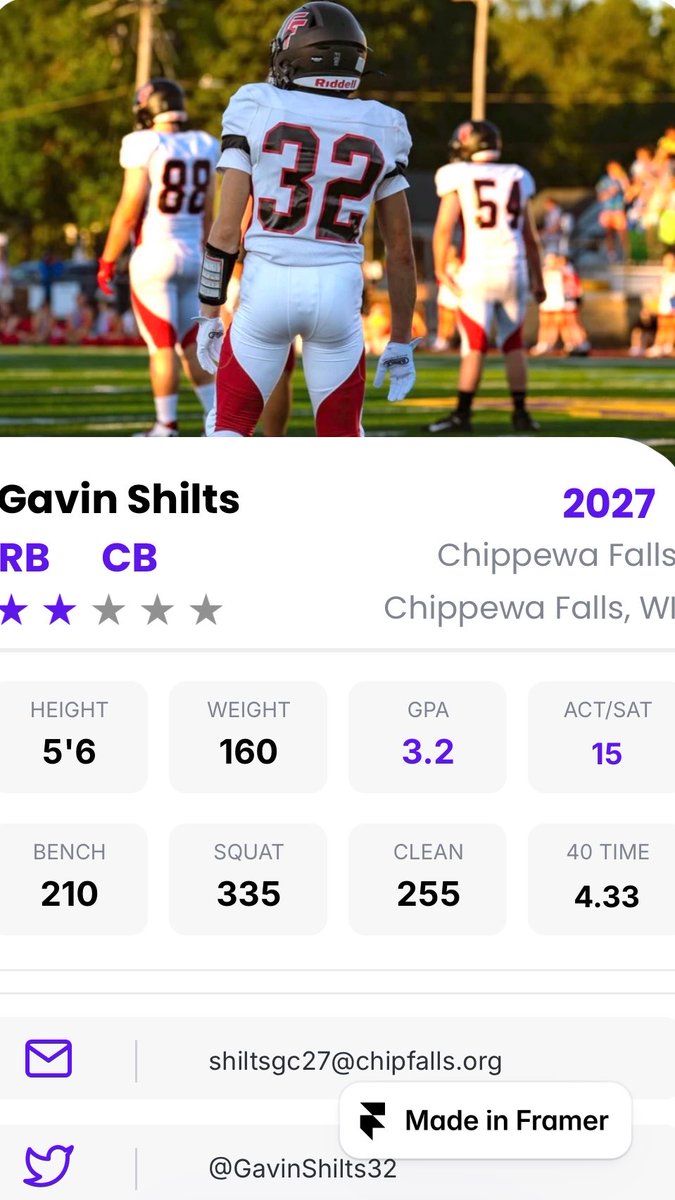 GavinShilts32's tweet photo. #CFHS Happy to be ranked a 2 star, and many more to come. Thank for making my recruiting profile, and writing my scouting report. @One11Recruiting https://t.co/AmZ1MbKNfe