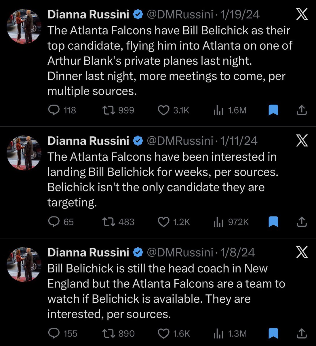 ChasingSnyder's tweet image. Dianna Russini won best Eagles insider of 2025 but she should’ve won the Falcons award 5 seasons in a row under the Arthur Smith (21-23) + Fontenot/McKay (21-25) regime

First scoops on:

- Julio Jones
- Deshaun Watson
- Marcus Mariota
- Lamar Jackson
- Belichick
- Cousins/Penix