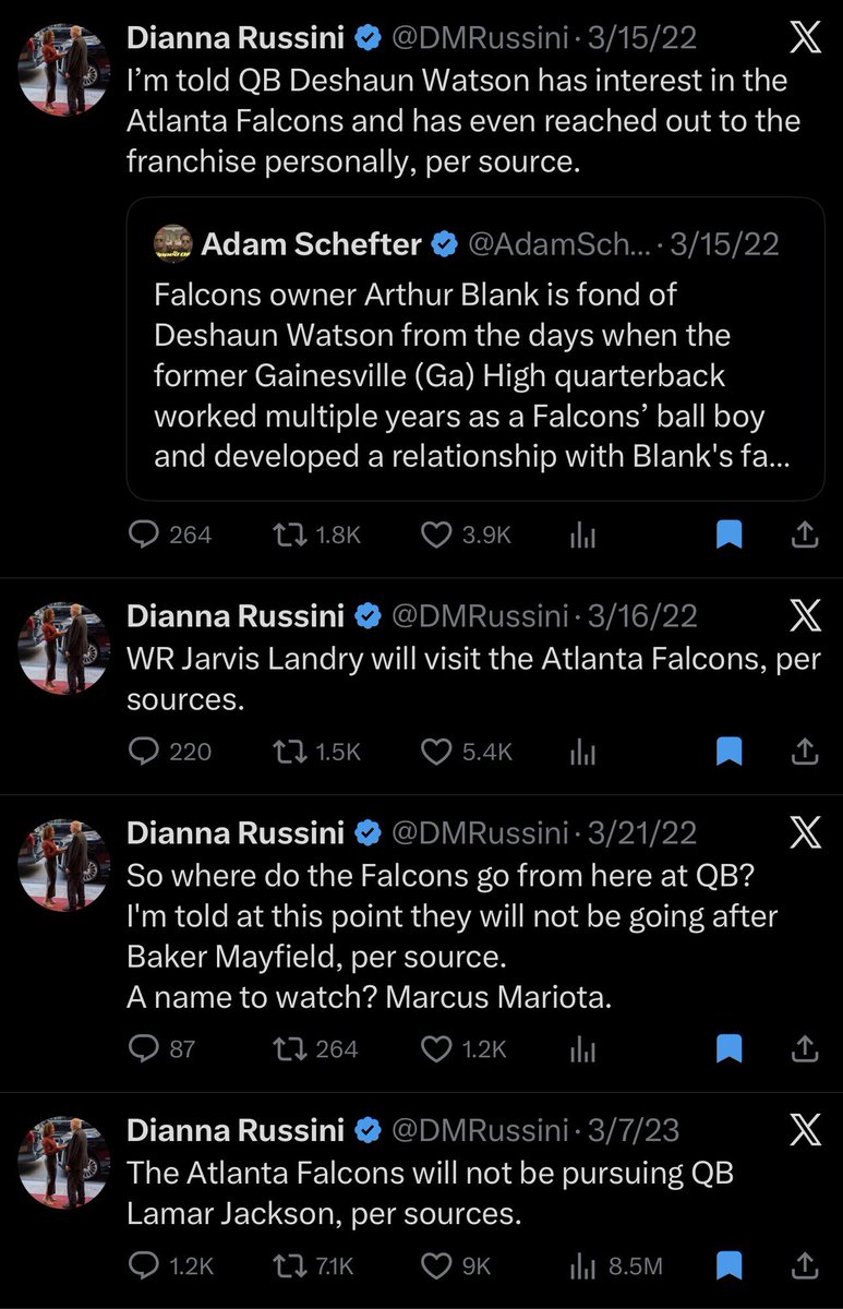 ChasingSnyder's tweet image. Dianna Russini won best Eagles insider of 2025 but she should’ve won the Falcons award 5 seasons in a row under the Arthur Smith (21-23) + Fontenot/McKay (21-25) regime

First scoops on:

- Julio Jones
- Deshaun Watson
- Marcus Mariota
- Lamar Jackson
- Belichick
- Cousins/Penix