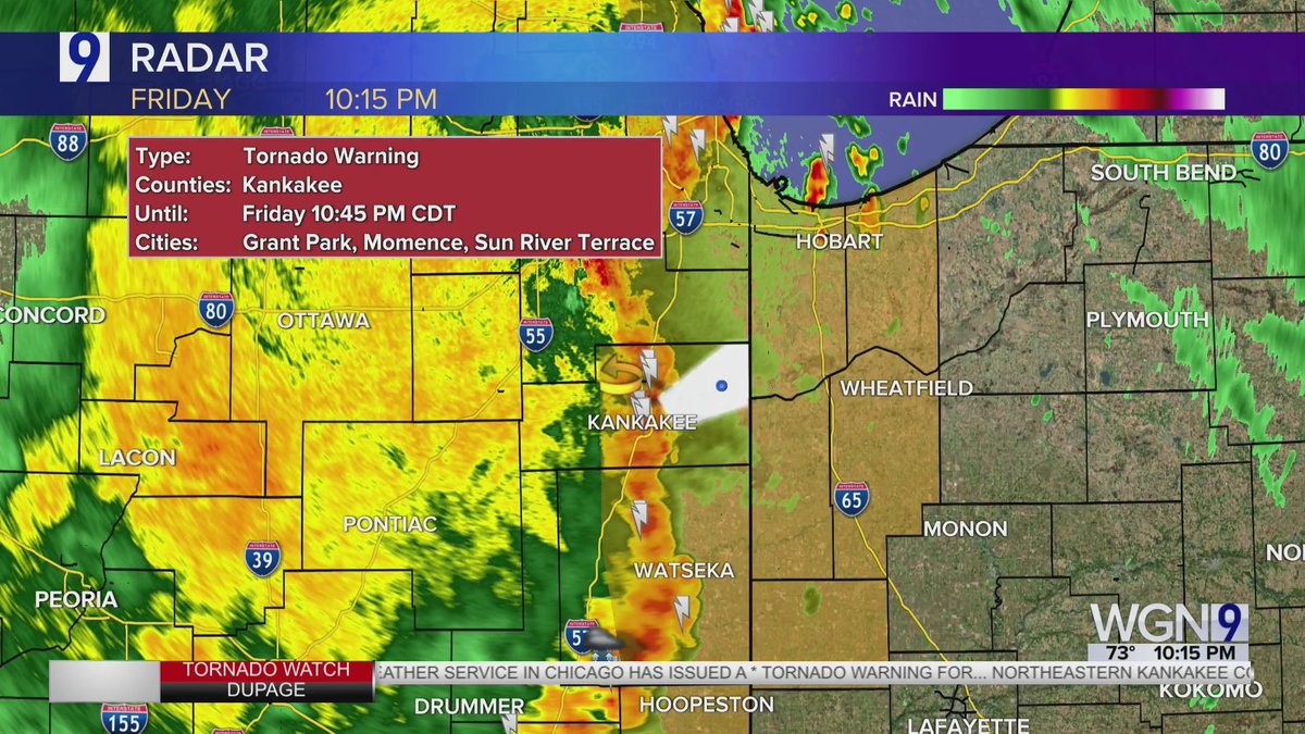 A Tornado Warning has been issued for Kankakee County until 10:45