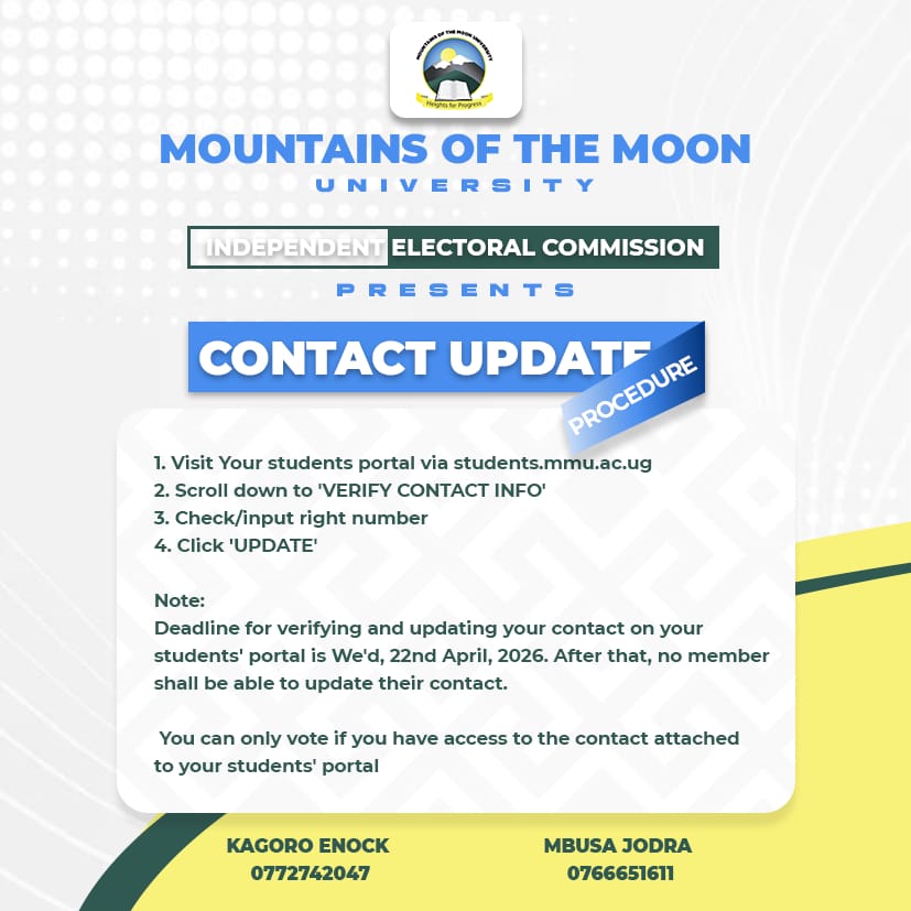 jodrapro's tweet image. Dear students of Mountains of the Moon University, this is your gentle reminder to update and verify your contact information on the students’ portal. A few simple clicks today can secure your voice tomorrow.
#20th EC 
@MMUBASAOFFICIAL @MMU_Uganda