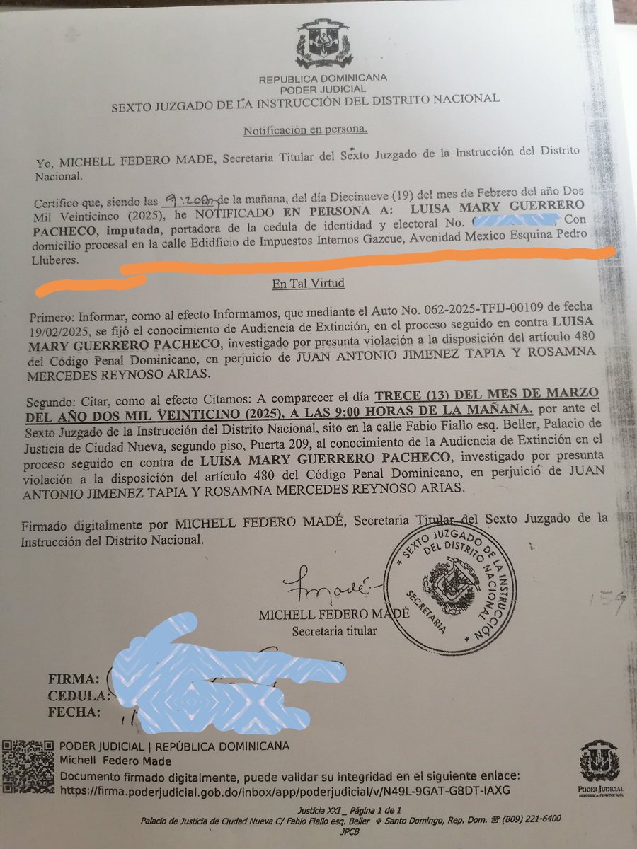 RosamnaReynoso's tweet photo. #DeUltimoMinuto
Imputada Luisa M. Guerrero Pacheco tiene dirección procesal en el edificio de Impuestos Internos, Gazcue, Av. México Esq. Pedro Lluberes, según notificación con firma digital emitida el 19.02.2025 en la secretaría del Sexto Juzgado de la Instrucción del DN
@DGii https://t.co/dcg8xYPQ5T