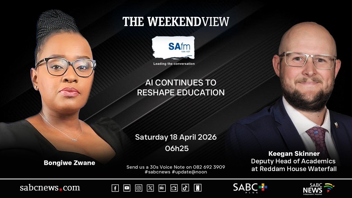 SABCNews_Radio's tweet photo. [COMING UP] Education experts encourage schools to move beyond traditional measures of success in order to prioritise creativity, resilience and human-centred learning. 
#WeekendView #sabcnews https://t.co/9WPtt2I8YU