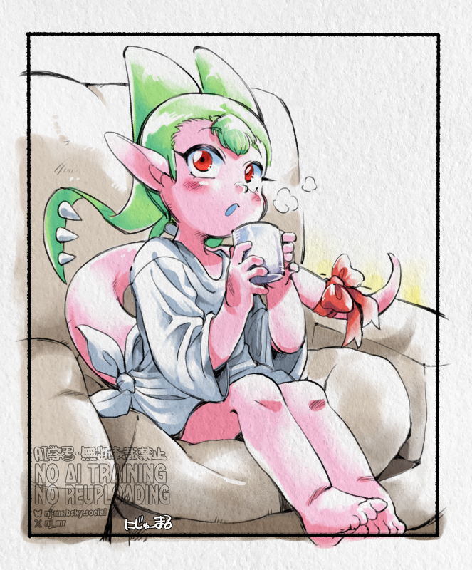 「コレ飲んで大人しくしてろ」と座らされるも、熱くて飲み物フーフーしてる間もつい博士を目で追っちゃうラトリン。