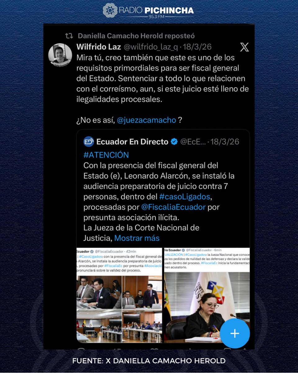 🛑#Atención | La jueza de la CNJ, Daniella Camacho, aspirante a Fiscal General del Estado, reposteó en la red social X, una publicación en la cual se expresa que hay que “sentenciar a todo lo que se relacione con el correísmo”. ¿Cómo se puede garantizar independencia judicial con