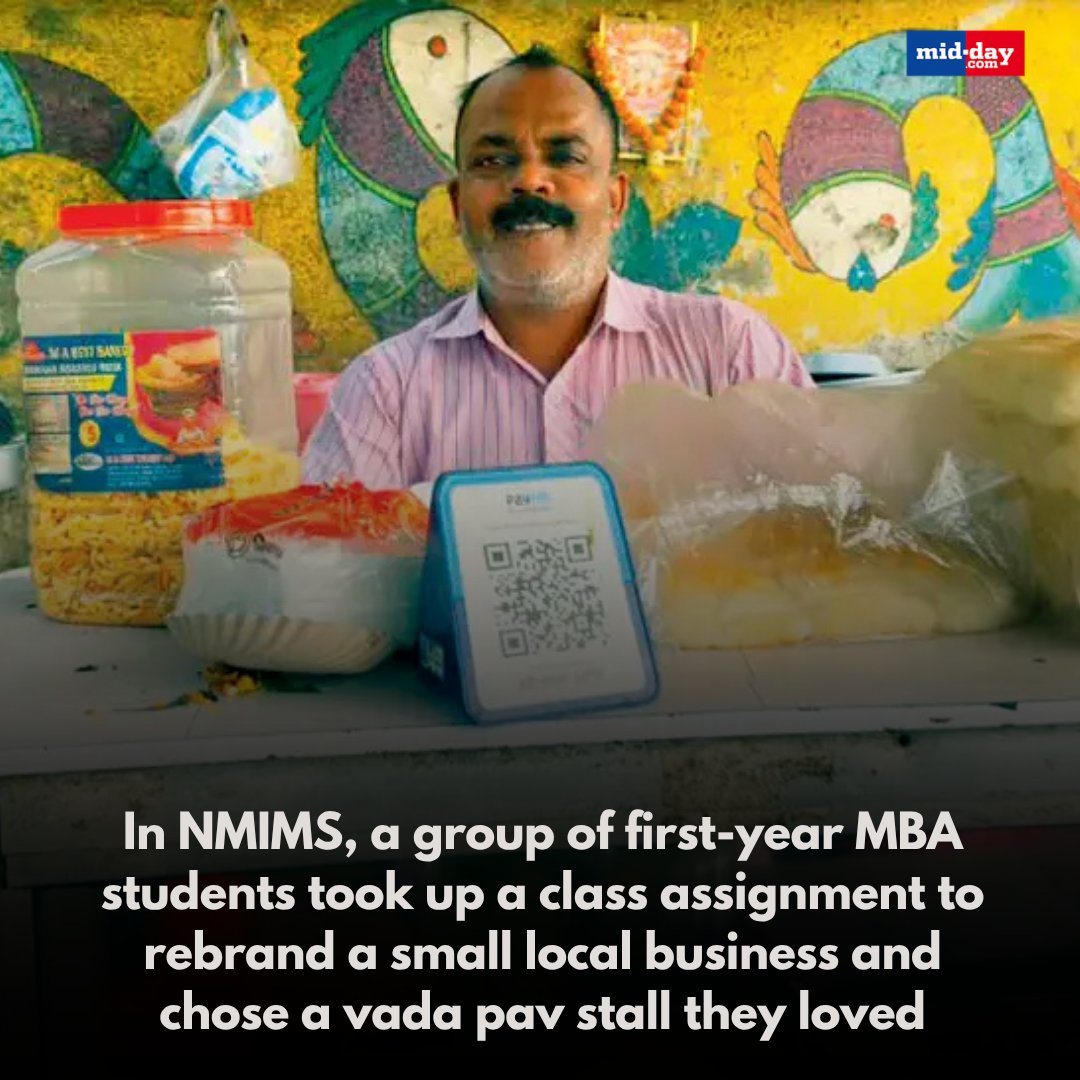 mid_day's tweet photo. NMIMS MBA students rebranded Borun Saha’s 32-year-old vada pav stall in Vile Parle as “Vadawaov,” creating Gen Z-focused reels that went viral and attracted massive online attention.

The campaign crossed 2 million views, boosting customer footfall at the stall. What started as a class assignment turned into real business growth, inspiring the vendor��s family to expand further.

✍️: Akshita Maheshwari

📷: @atulkamble123  , @vadawaov