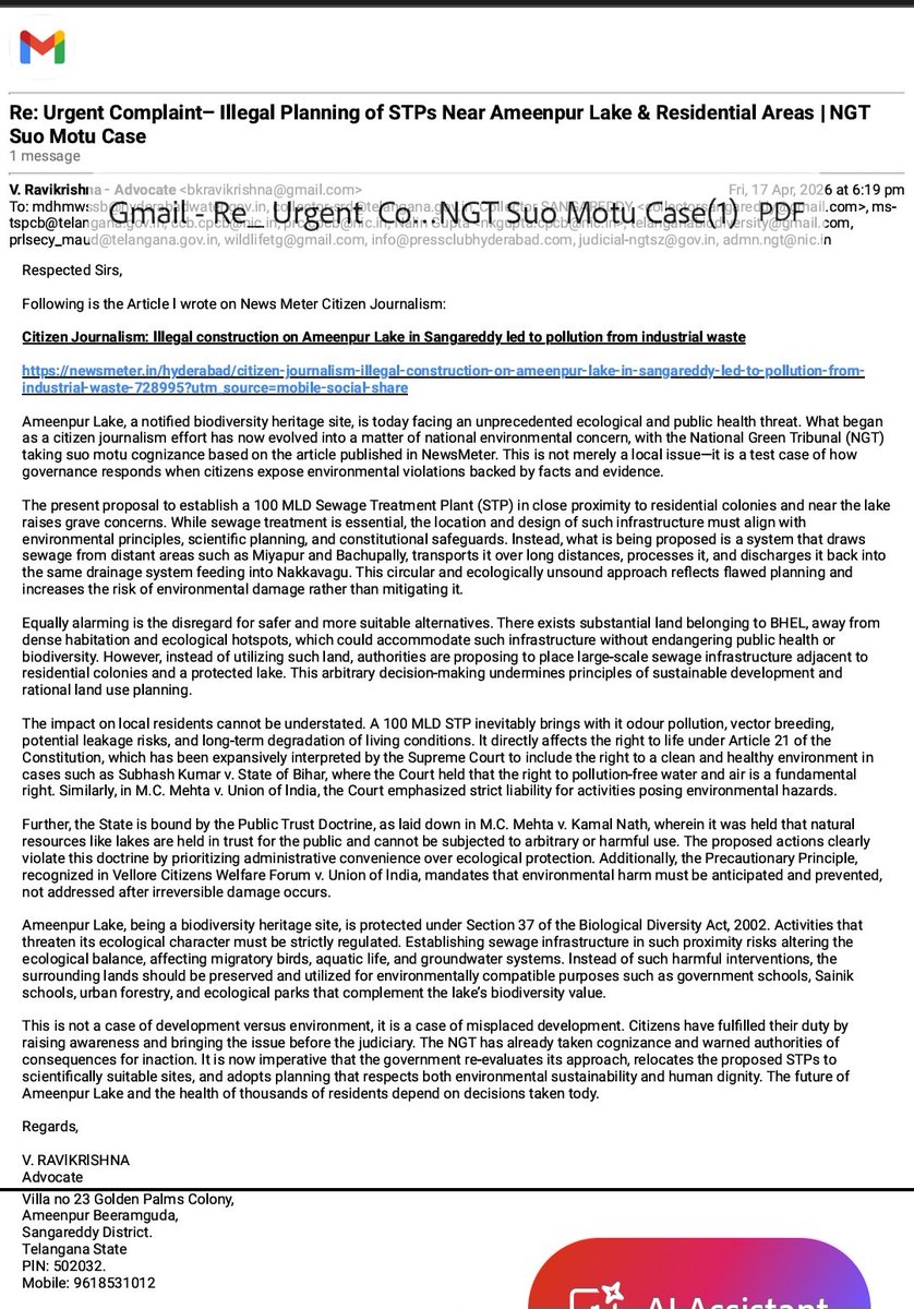 RaviVattem's tweet image. Submitted representation to all the stakeholders regarding #Ameenpur proposed 100 MLD STP plant near residential colonies and Bio Diversity Heritage Lake in Ameenpur.
@Collector_SRD @TelanganaCS @TelanganaCMO @MDHMWSSB @CPCB_OFFICIAL @revanth_anumula @INCTelangana #Sangareddy