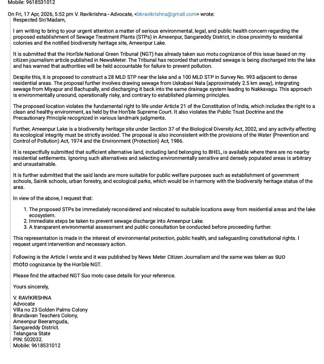 RaviVattem's tweet image. Submitted representation to all the stakeholders regarding #Ameenpur proposed 100 MLD STP plant near residential colonies and Bio Diversity Heritage Lake in Ameenpur.
@Collector_SRD @TelanganaCS @TelanganaCMO @MDHMWSSB @CPCB_OFFICIAL @revanth_anumula @INCTelangana #Sangareddy