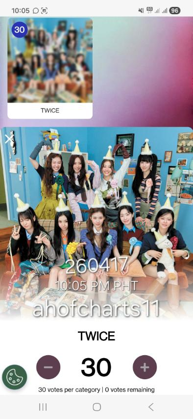 ahofchartdata's tweet photo. 📢 FOHAs, please participate in this voting collaboration. It's very easy to vote for TWICE in AMA. You have max of 30 votes per email/account, so the more emails/accounts, the better.

Please follow this sample proof. Indicate your username and the date and time (with time zone if PHT, KST, etc.) on your proofs, i.e., April 17, 2026 (10:05 PM PHT). 

#AHOF #아홉 @AHOF_official