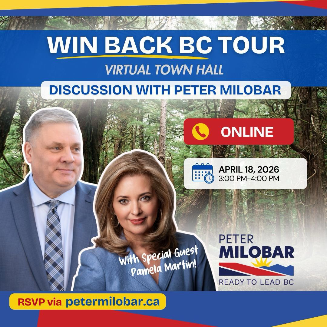 PeterMilobar's tweet image. Tomorrow is the final day to get your membership to vote for British Columbia’s next Premier. 

Join us for a virtual town hall at 3 PM.

Hear my vision to win back BC and restore hope across our province.

RSVP here: zoom.us/webinar/regist…

#bcpoli #readytoleadbc