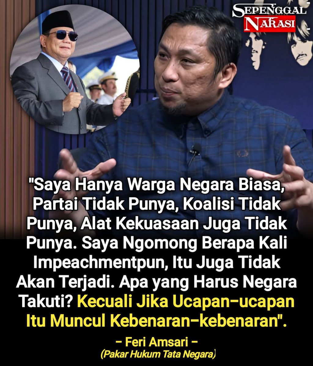 Pernyataan Feri Amsari itu menampar logika kekuasaan: jika suara warga biasa tanpa partai, tanpa koalisi, tanpa akses kekuasaan saja dianggap ancaman, maka yang bermasalah bukan rakyatnya, melainkan rasa percaya diri pemerintah terhadap legitimasi yang mereka klaim. Impeachment