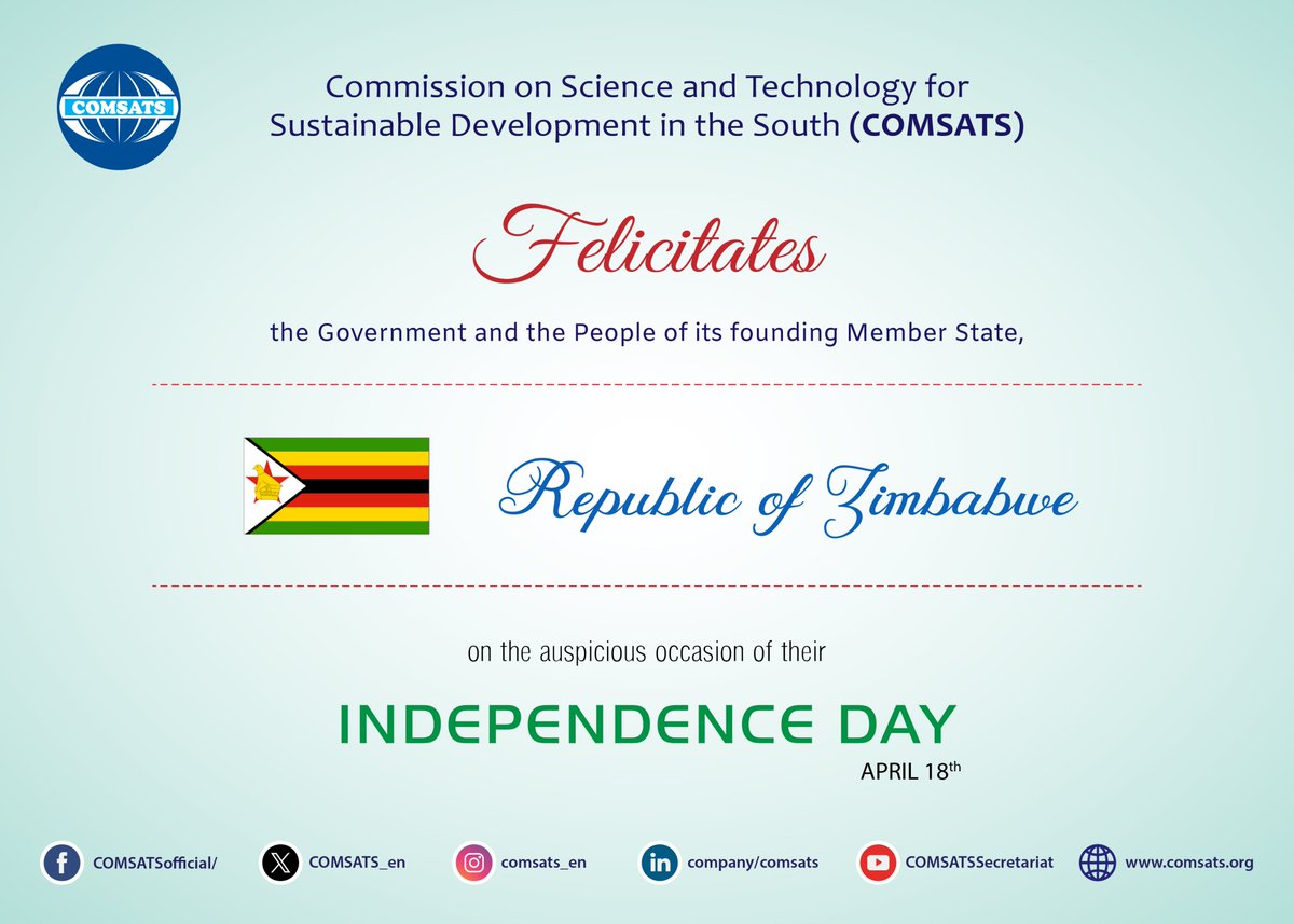 COMSATS_en's tweet photo. Felicitations to Republic of #Zimbabwe 🇿🇼

@edmnangagwa
@mhtestd 
@ShavaHon
@PakinZimbabwe
@ZakariaNafees

#independenceday #comsats https://t.co/Gwp0o21Nf1