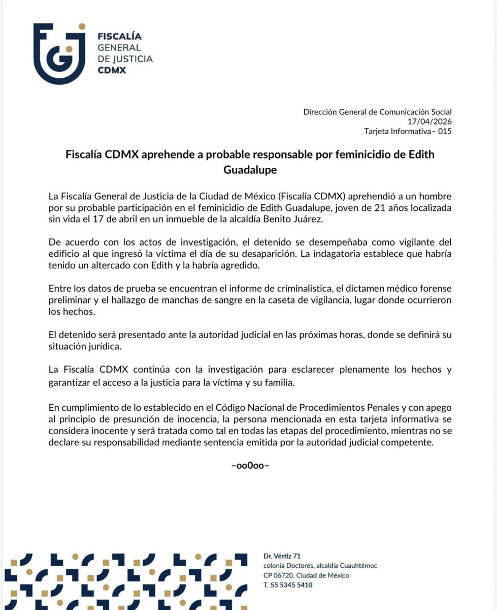 CarlosLoret's tweet photo. #ÚltimaHora Fiscalía de la CDMX aprehendió a presunto responsable de feminicidio de Edith Guadalupe. 
@latinus_us https://t.co/MyTShF0c3E