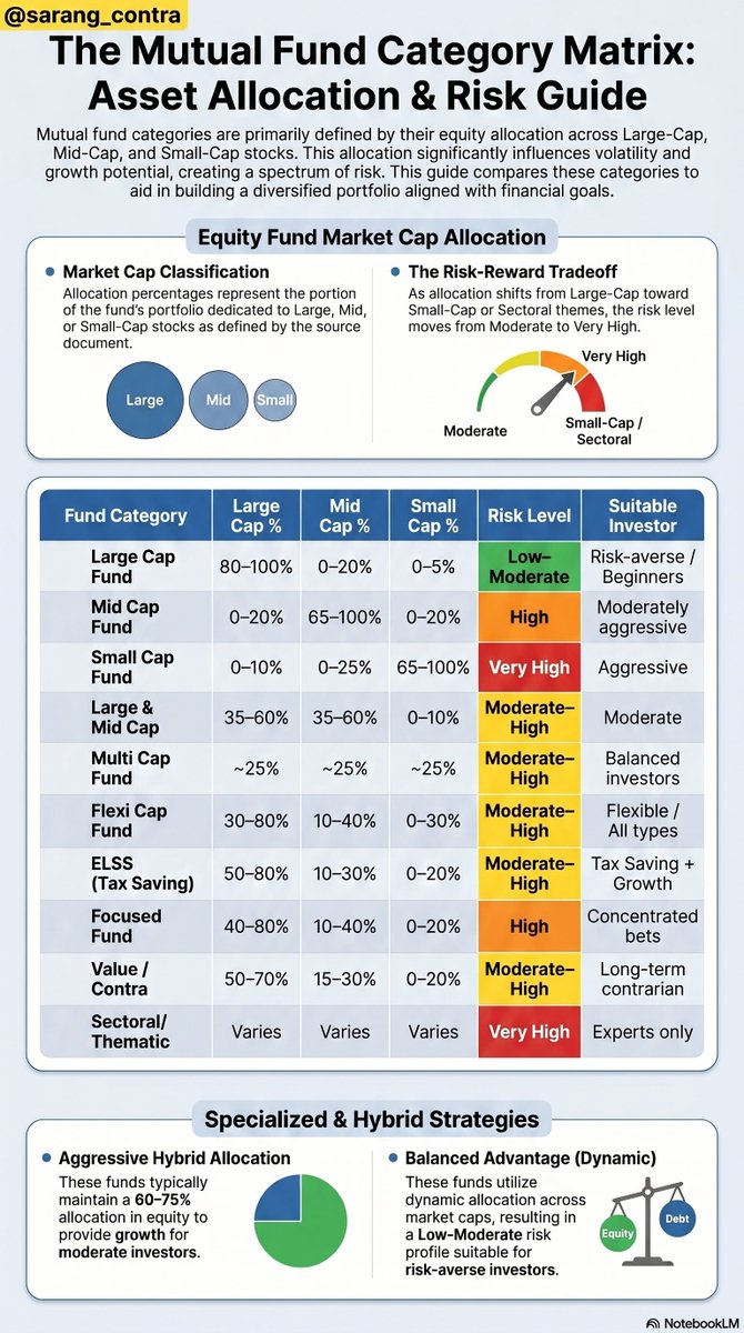 sarang_contra's tweet image. #MutualFunds
🚨Mutual Funds Decoded🚨
Category wise allocation and investor suitability