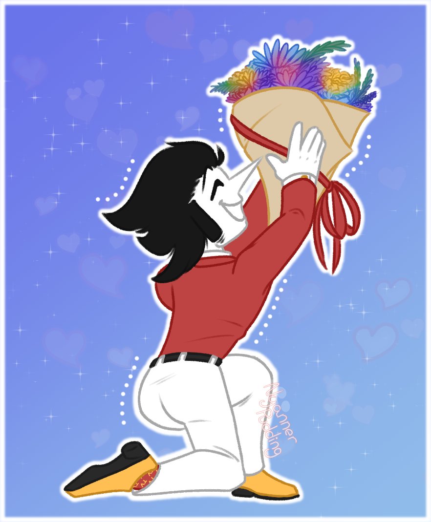 nyannercat's tweet photo. Posted this up on bsky, might as well put it here; have a little big shot handing over a bouquet! Would've loved to make him a transparent sticker for everyone to use, but social media hates transparent pictures.

#deltarune #spamton https://t.co/n8f8s69AeP