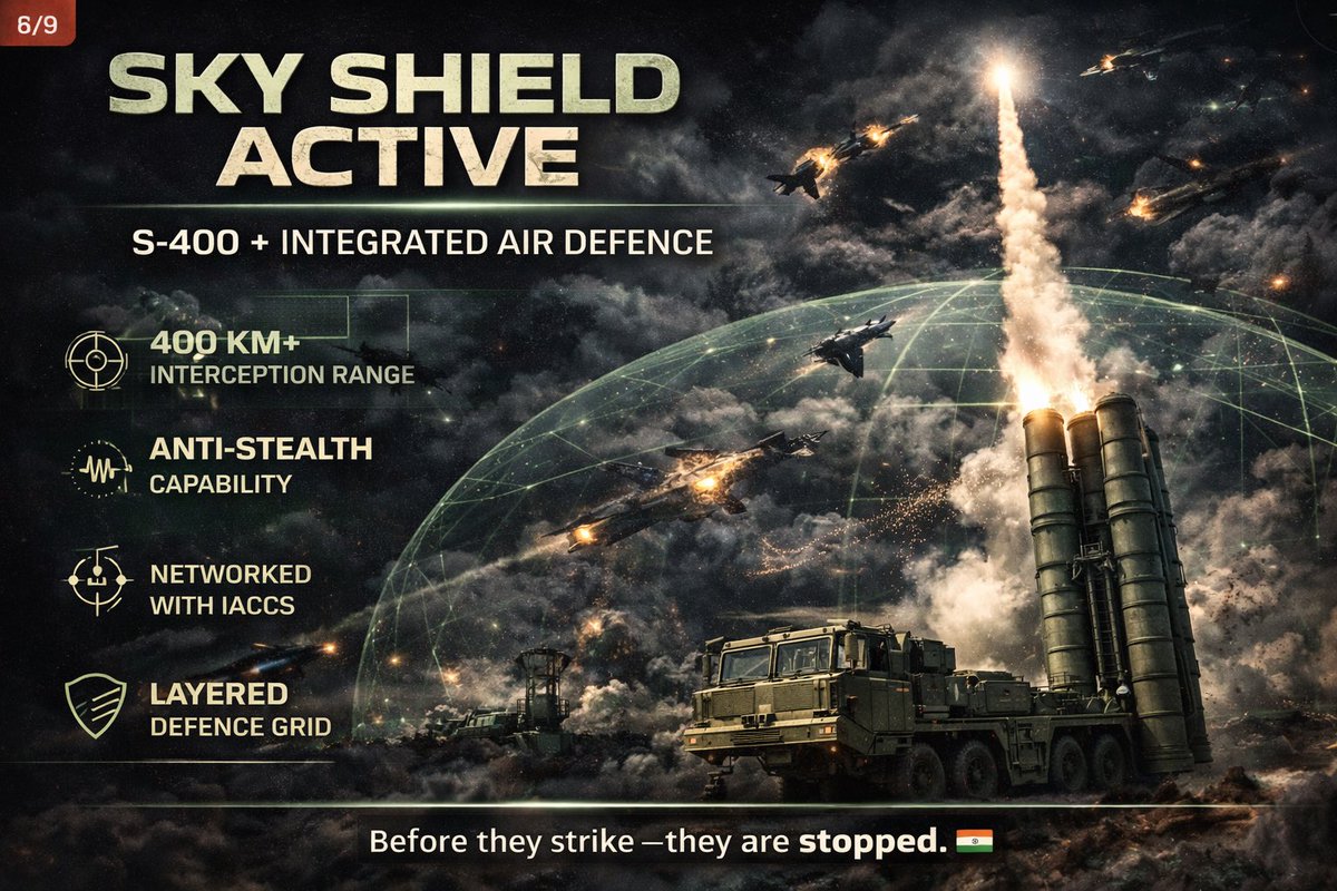 HemanNamo's tweet image. 8/9 Sudarshan Chakra: The Shield 🕉️
S-400 squadrons expanding in 2026.
Already battle-tested.

Integrated with Indian systems, it disrupts threats before engagement even begins.
#S400 #AirDefence