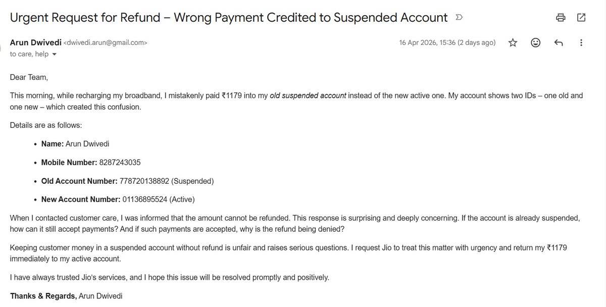 dwivediarun's tweet image. @JioCare @reliancejio I mistakenly recharged ₹1179 into my old account. Shocked to hear refund is denied! If account is closed, how can recharge happen? This looks like a huge scam ₹100 CR/month—as millions of customers may face the same. Pure cheating. #JioFiber #ConsumerRight