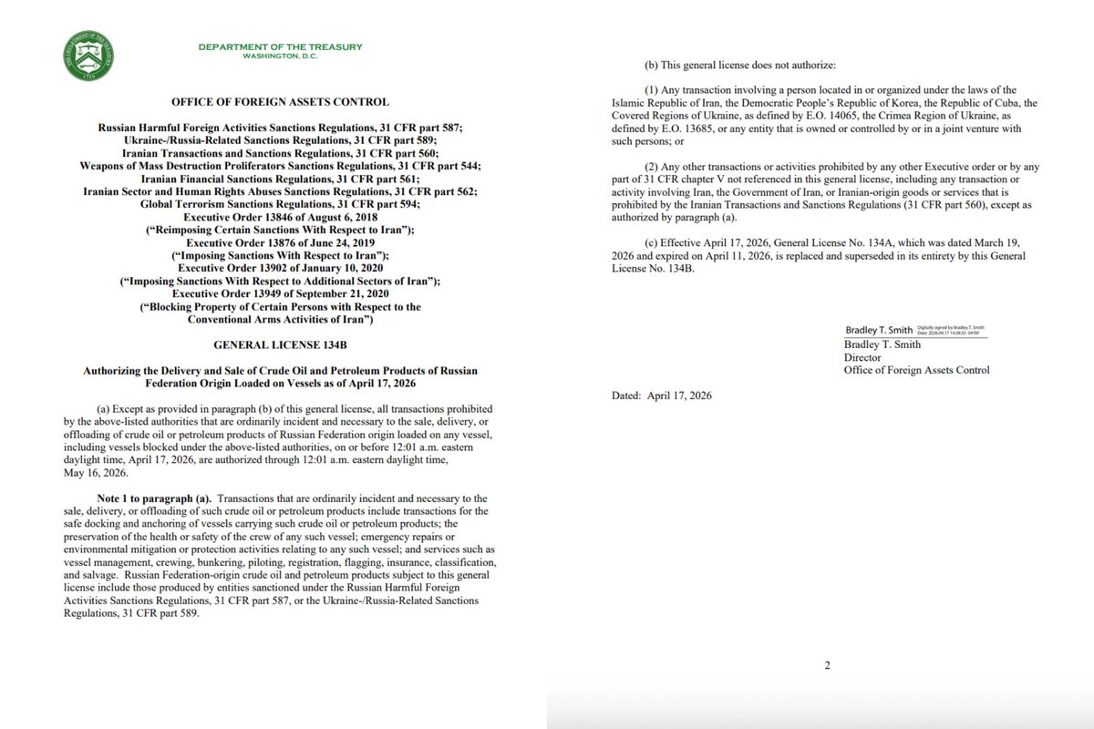 ‼️The U.S. Treasury is extending sanctions relief on Russian oil for another month, until May 16. Just two days ago, <a href="/SecScottBessent/">Treasury Secretary Scott Bessent</a> assured there would be no further exemptions. I wonder how he will explain this sudden reversal.