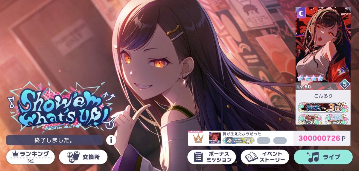 ♪ Show 'em what's up！⤴︎

🥉 300,000,726 P

たくさんの方の支援と応援が翼になって、身に余る高い高いところまで飛ばせてくれました🪽
大変な時間もありましたが、それを上回るずっとずっと楽しくて幸せな8日間でした。
支えてくれた皆様、本当にありがとうございました🦊