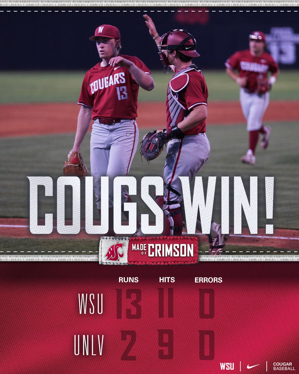 BALL GAME! COUGS WIN!

Nick Lewis goes 7 and strikes out a career-high 9, 6 Cougs record hits and 6 Cougs drive in runs to take the opener at UNLV in 8 innings!

#GoCougs | #MadeOfCrimson
