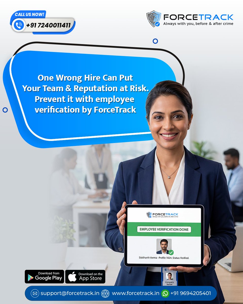 forcetrack's tweet image. With ForceTrack, verify before you trust. From identity checks to education and employment history—we help you hire smarter, safer, and with confidence. 
.
Login on- forcetrack.in
.
.
#ForceTrack #EmployeeInformationReport #BackgroundChecks #PoliceVerification