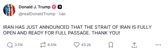 The very fact he's renamed it "the Strait of Iran" (truthsocial.com/@realDonaldTru…) says everything...
