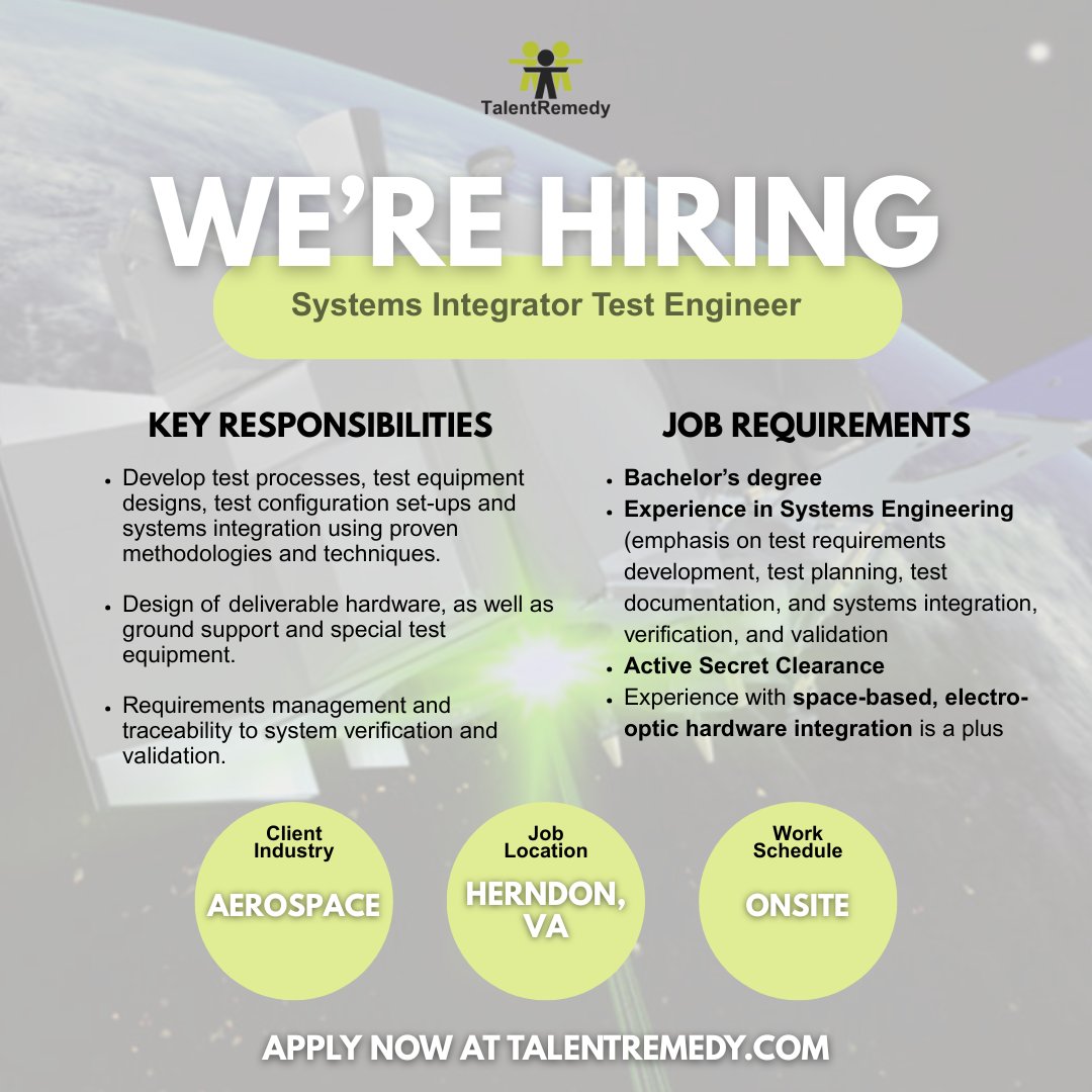 TalentRemedy's tweet image. #JobAlert 📣 Systems Integrator Test Engineer job opportunity in Herndon, VA!

To learn more and apply, visit: talentremedy.zohorecruit.com/jobs/Careers/3…

#Recruiting #OutsourcedRecruiting