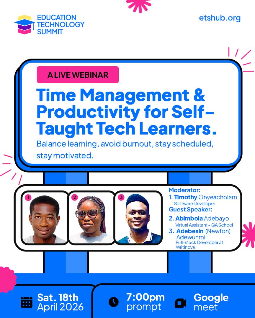 ets_hub's tweet photo. Learning tech but can’t stay consistent?

Join this live session:
 Time Management &amp; Productivity for Self-Taught Tech Learners

📅 April 18
⏰ 7PM
📍 Google Meet

Learn how to avoid burnout &amp; stay on track.
https://t.co/CPg1lGOCrr
#student #SelfTaught #Productivity #unilag https://t.co/nRRT7lEEQo