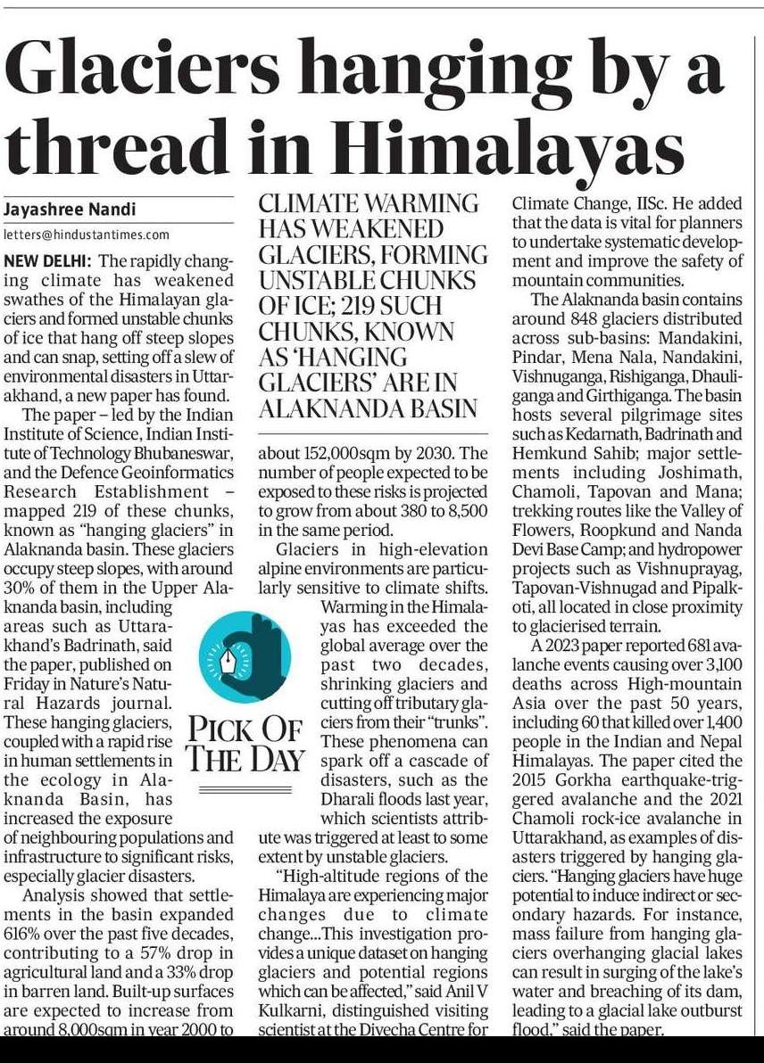 jayashreenandi's tweet image. Imp paper: maps 219 #hanging #glaciers in #Alaknanda basin. #Himalayan glaciers are increasingly becoming structurally unstable due to rapid warming. This instability has led to the development of hanging glaciers on steep slopes.