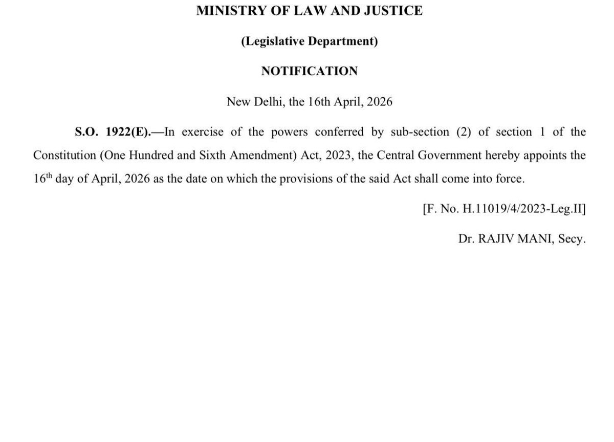 DMKITwing's tweet photo. The Women’s Reservation Act, 33% quota for women, is already alive and in force from 16.04.2026.

So stop the fake outrage.

All the Union Government has to do is bring a simple Bill to earmark 33% of the existing 543 seats. That’s it. No drama, no excuses.

If it’s still not implemented, the problem isn’t opposition, it’s the Centre’s lack of will.

Stop spreading lies about DMK and start demanding action where the power actually lies.

#SayNoToNDA