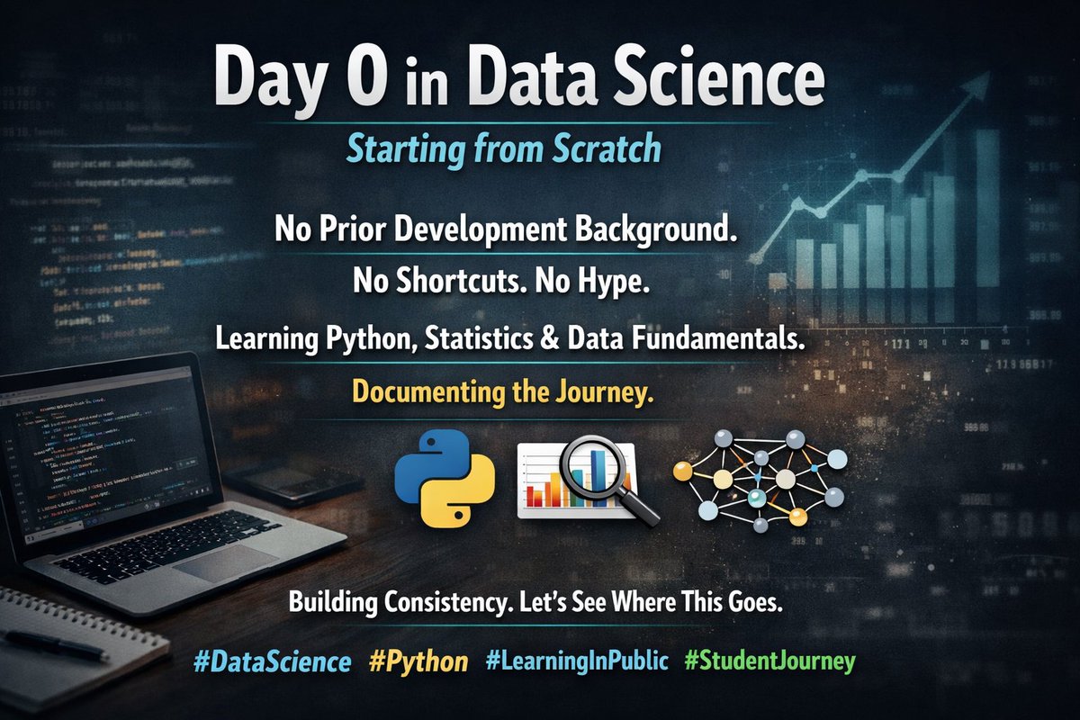 Chak454Soutrik's tweet image. #Day0 in Data Science as a student.
Kolkata 
No prior development background.
No shortcuts. No hype.

Starting from scratch with Python, statistics, and data fundamentals.
Documenting the journey. Building consistency.
Beginning this journey with guidance from @codewithharry