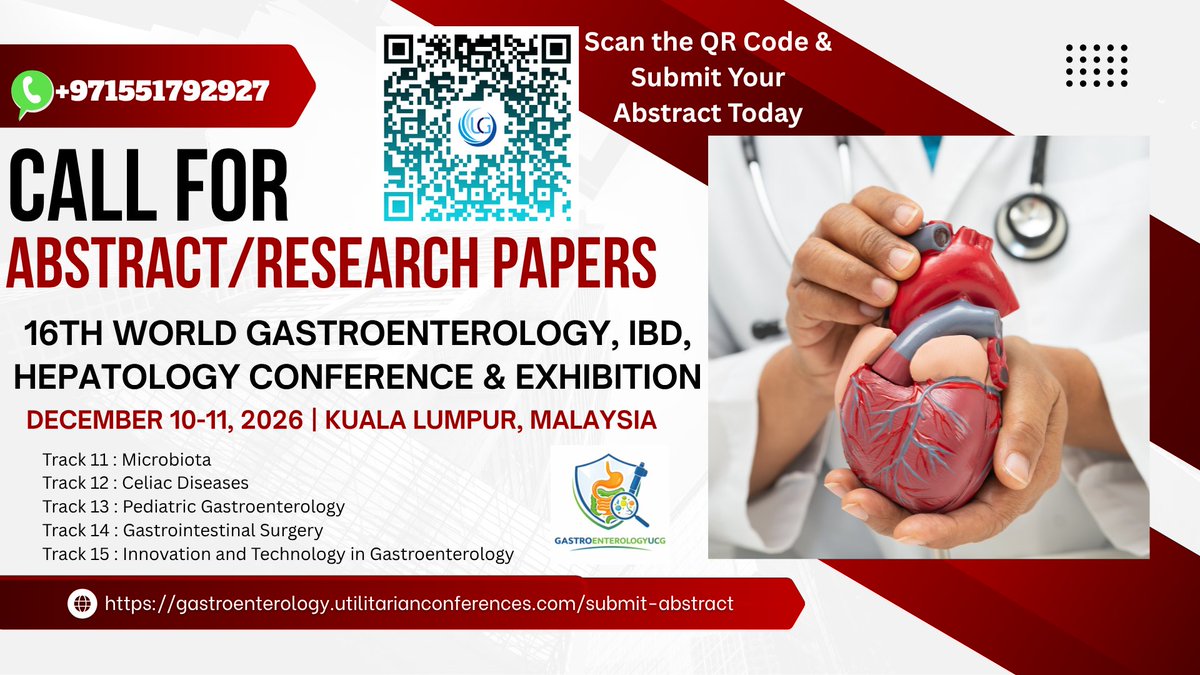 gastro_ucg's tweet image. #Callforpapers     
16th World Gastroenterology, IBD, Hepatology Conference &amp;amp; Exhibition from Dec 10-11, 2026 in Kuala Lumpur, Malaysia
wa.me/+971551792927
…enterology.utilitarianconferences.com/submit-abstract
#Microbiota #GutHealth #CeliacDisease #GlutenFreeLiving #PediatricGastroenterology #ChildHealth