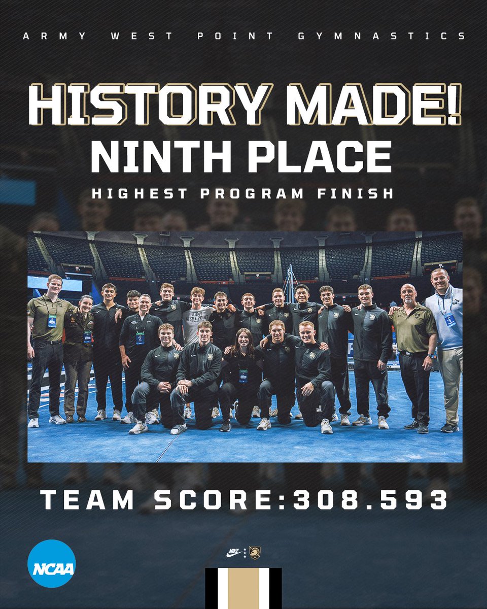 ArmyWP_Gym's tweet image. Army makes history AGAIN on the NCAA stage‼️ Black Knights record a 308.593 to finish 9th in the NCAA rankings, besting the 10th place finish from last year’s NCAA Championships! 

#GoArmy #NCAAMGym