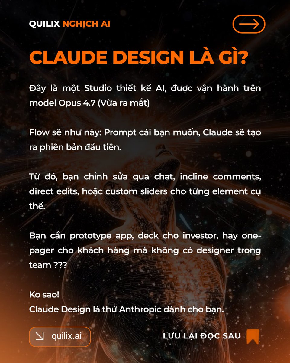 quilix's tweet photo. Giải thích nhanh về Claude Design (Kèm các trường hợp sử dụng)

Đừng sợ AI cướp đi job của bạn, hãy tận dụng nó để x10 công việc & tăng thêm vài số 0 vào tài khoản.

Đọc mới biết:

Đọc mới biết: BLĐ Figma có ông từng làm CPO Anthropic 1 năm; nghỉ Figma 3 ngày thì Claude Design ra mắt, lmao.