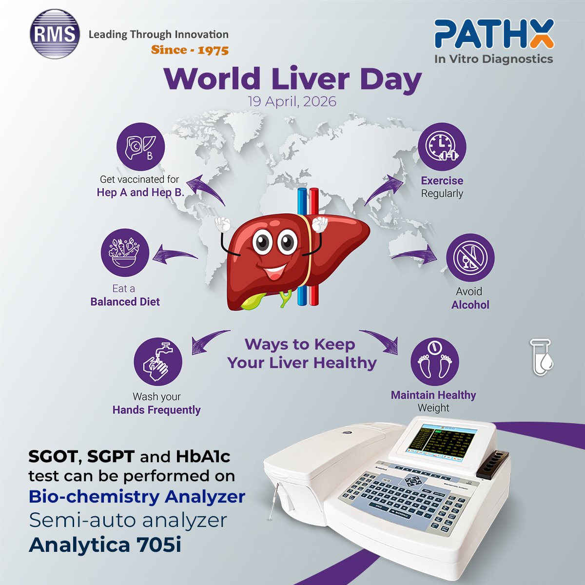 INDIA_RMS's tweet image. #WorldLiverDay! We don’t usually #think about our #liver, but it does a lot for us every single #day. Taking a #little #care now can make a big difference later.
#Tests like #SGOT, #SGPT and #HbA1c can #help #monitor overall #health &amp;amp; #catch issues #early.

#LiverHealth #RMS