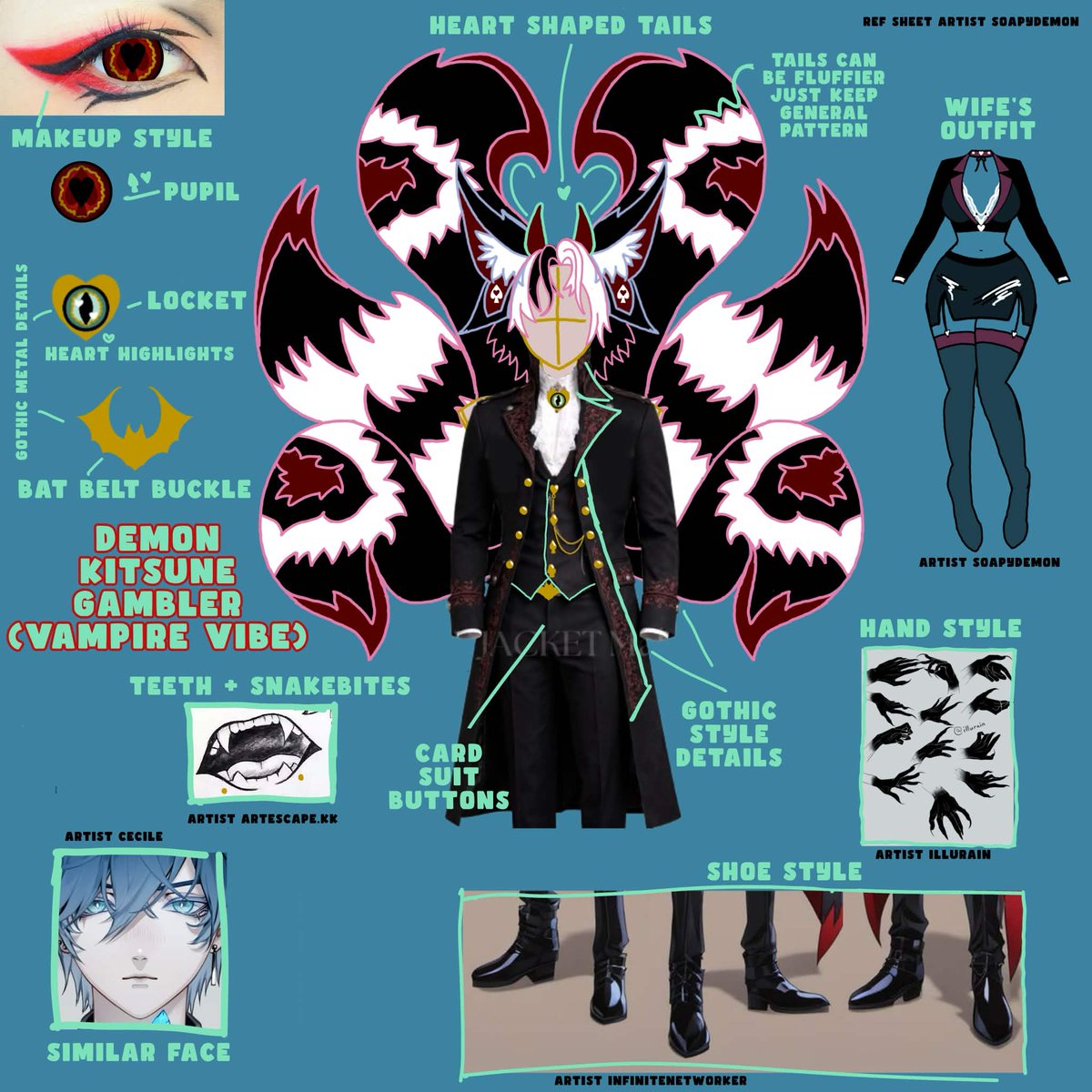 My drawing + refs to get him made, I tried my best to credit the artists (I hope they're right) but me + bf are really liking the direction.