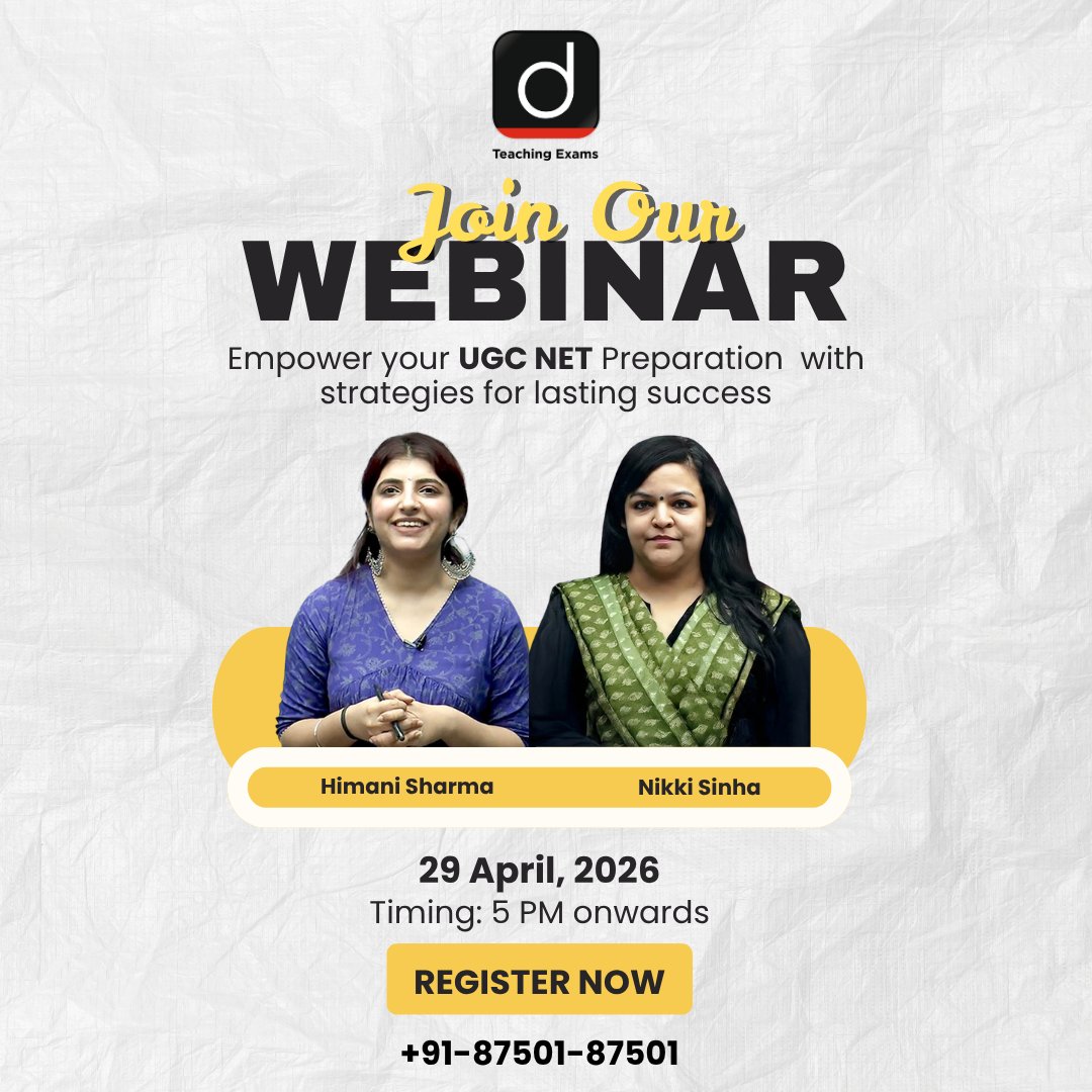 Drishtiteaching's tweet image. Unlock your UGC NET success 🚀 
Join our expert-led webinar and learn strategies that actually work. 
Don’t miss out!

29 April | 5 pm 
Contact us at 87501 87501 for more details.

#UGCNET #Webinar #OnlineSession #Youtube #UGCNET2026 #DrishtiTeachingExams