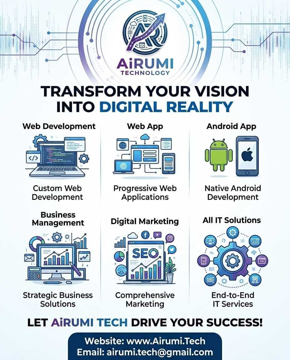AiRumi_Tech_'s tweet image. 🌐 Custom Web | PWAs | Native Android | Strategic Business | SEO &amp;amp; SMM
AiRumi Technology — Transform Your Vision Into Digital Reality! ✨
Let us Drive Your Success! 🚀
📩 airumi.tech@gmail.com

#AiRumiTechnology #SoftwareDevelopment