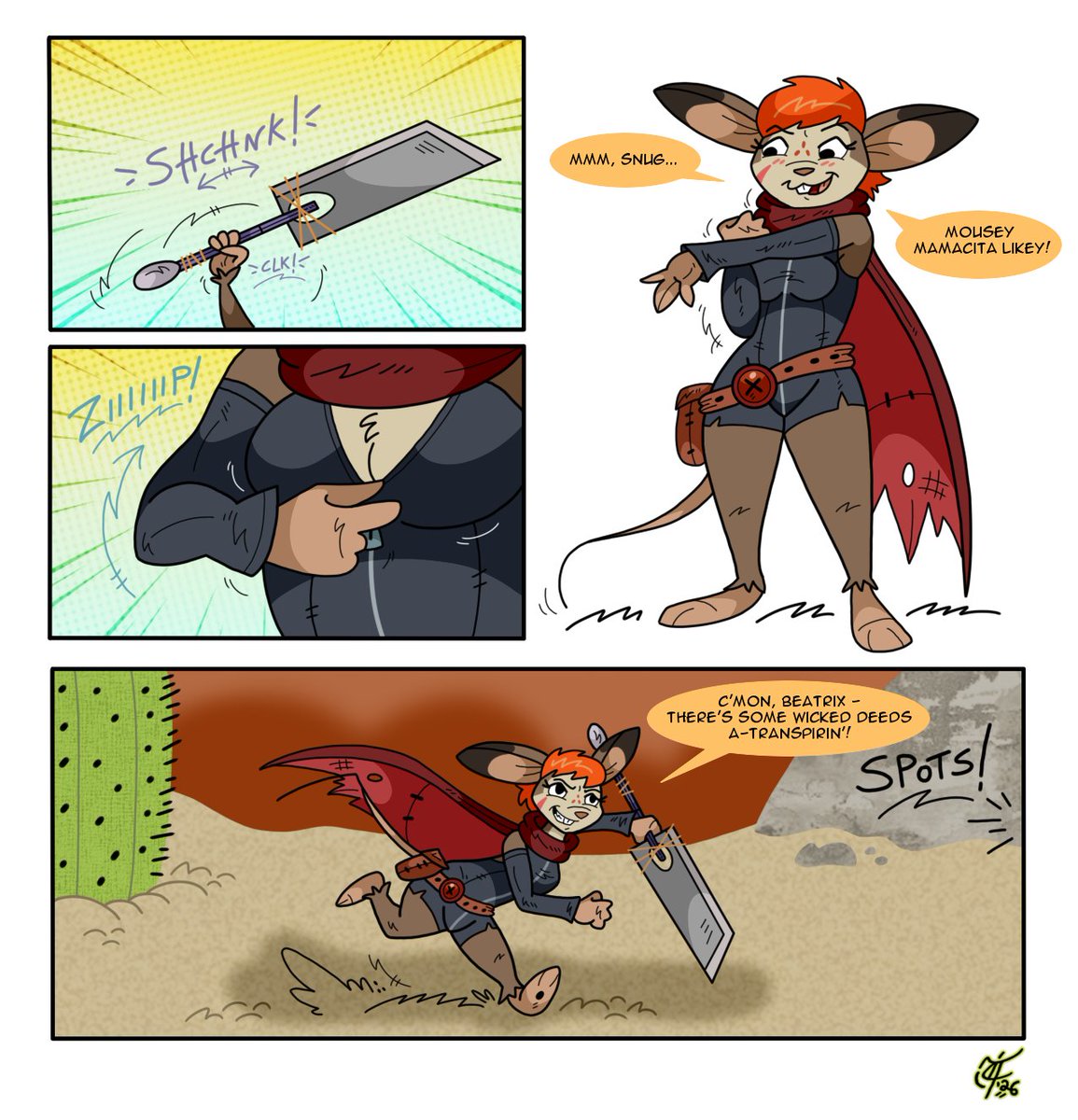 kriegshund_13's tweet image. Kinzley suits up with a new look and downsized Beatrix, then dashes off to the rescue 💬🐾☢️🐭🥷😉 #FR1T2 #Kinzley #Beatrix #mousegirl #badasscutie #battlereadyoutfit #handywithablade #smallworldliving #suitupscene #neowestern #ocart #webcomic