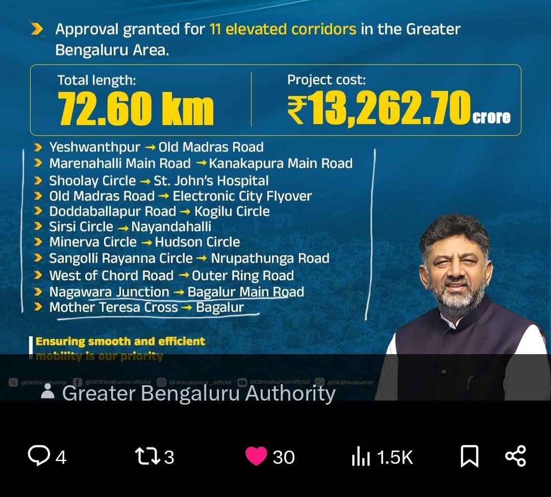 Maheshbr4U's tweet image. Update on Approved #Bengaluru Elevated Corridor List , vide  #Karnataka DCM @DKShivakumar @X Post :
● Nagawara Junction to Bagaluru Road via RK Hegde Nagar / Thanisandra 
● Mother Theresa Circle (Central BLR) to Bagaluru/KIADB Aerospacepark, New @BLRAirport Road via HBR
● This